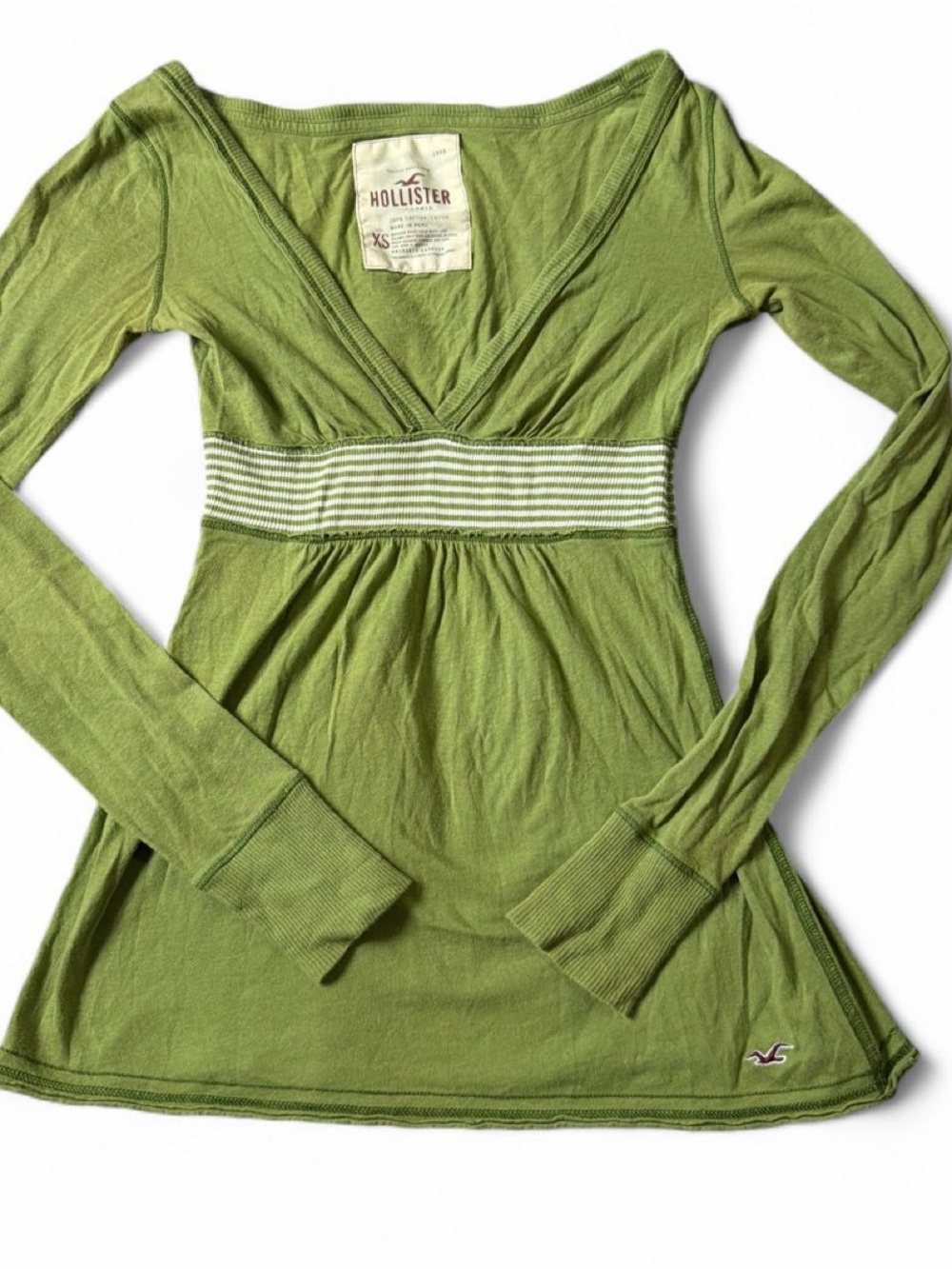 Y2k Vintage Hollister Matcha  Green Long Sleeve V-Neck Babydoll Tee